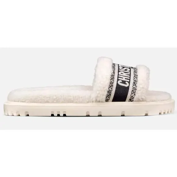 Christian Dior Dway Blue White Shearling Fur Logo Chunky Slide Flat Sandal 41